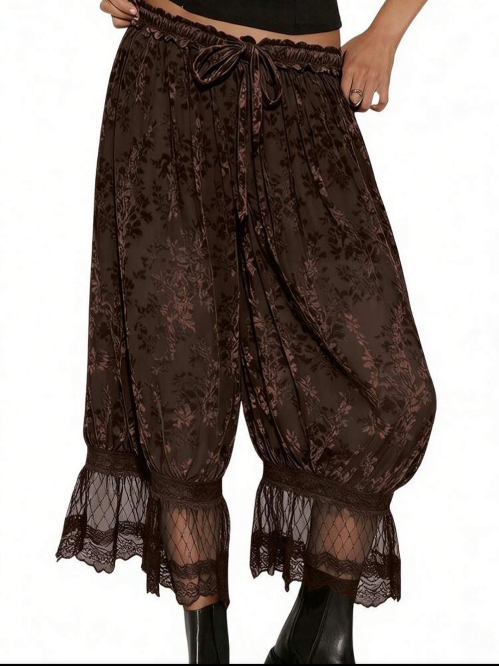 NEW ARRIVAL Coffee Brown Lace-Hem Balloon Pants